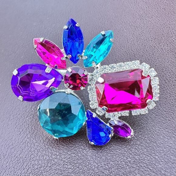 Jewel Tone Colorful Rhinestones Statement Two-Finger Double Ring Oversized Sz 8 - Picture 2 of 4
